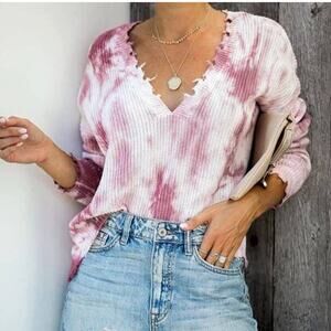 Fate Pink Tie Dye Distressed V-Neck Oversized Cropped Sweater Top Size Medium